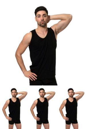Σετ 4 Ανδρικές Αμάνικες Φανέλες σε Φαρδιά Γραμμή 100% Βαμβάκι - Μαύρο PRO-495-M